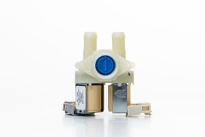 A dual solenoid water inlet valve with blue center component for home appliances against white background.