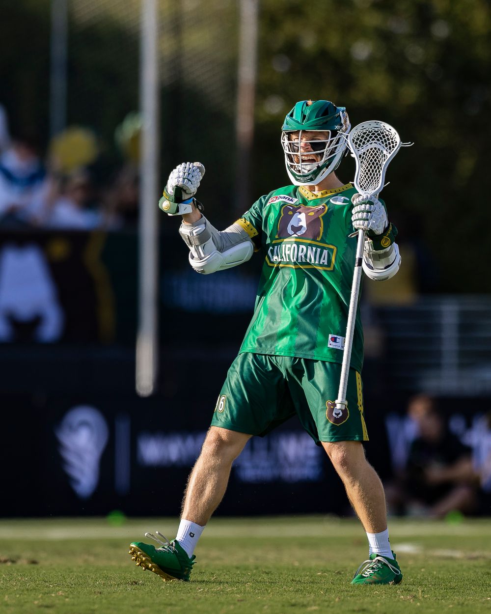 A lacrosse player for the California Redwoods team of the Premier Lacrosse League celebrates a goal in a game in southern California, sports