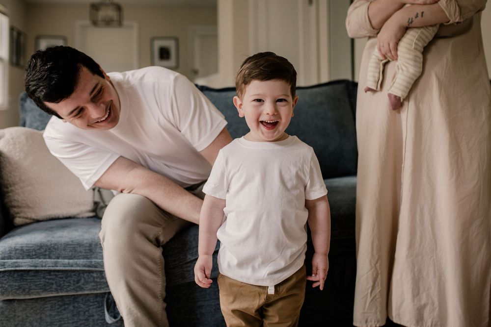 A series of candid family moments showing parent and child interactions in a home setting.