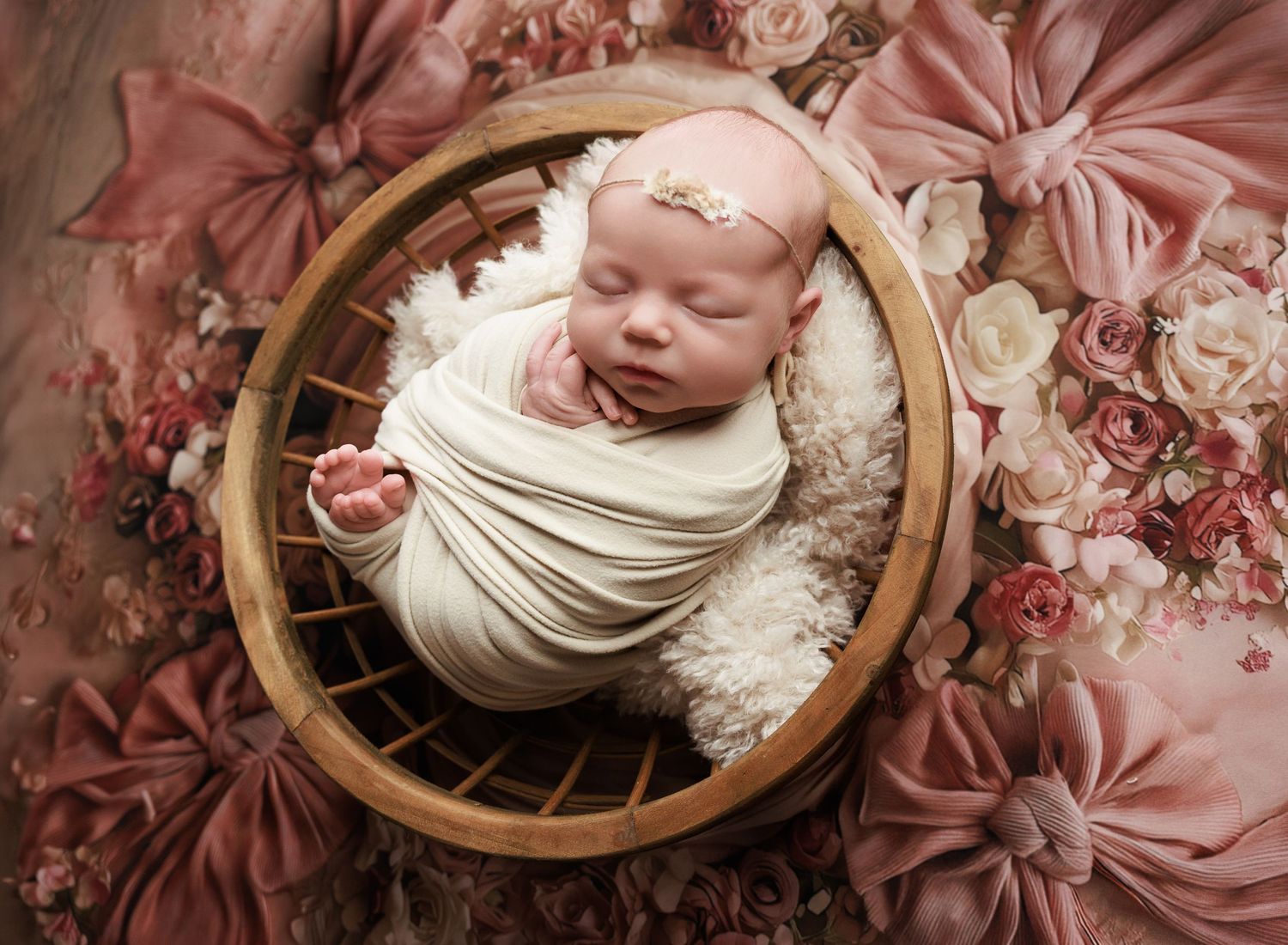 Newborn baby girl swaddled in cream wrap sleeping in wooden bowl with pink flowers and ruffled fabric backdrop.