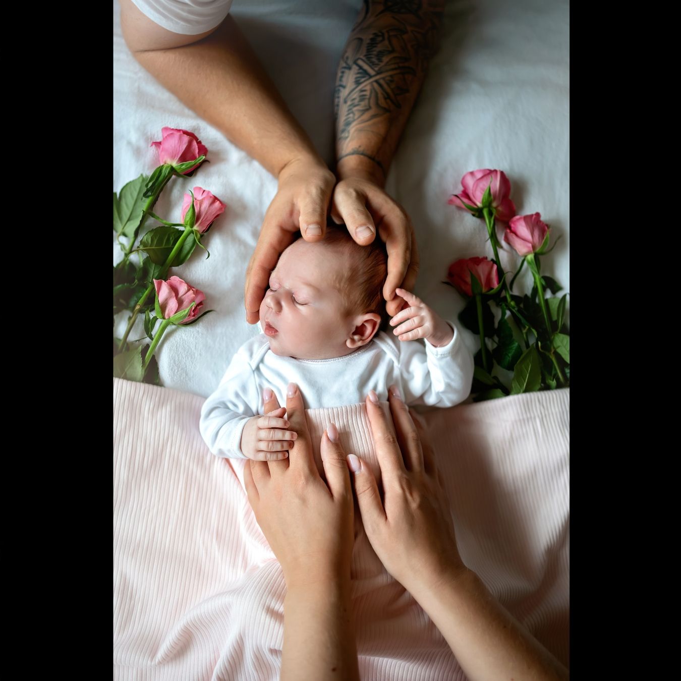 Parents' hands holding baby's head, flowers around. Location: Barton on Sea, Hampshire.