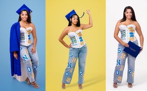 Graduate in blue cap and gown poses with ripped jeans and white top against colorful backgrounds in three photos.