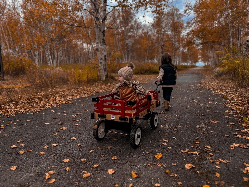 Two young children walking down a leaf-covered autumn path with a red wagon.