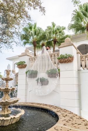 Curved white stone wall with cascading water features and tropical palm trees creates an elegant outdoor fountain display.