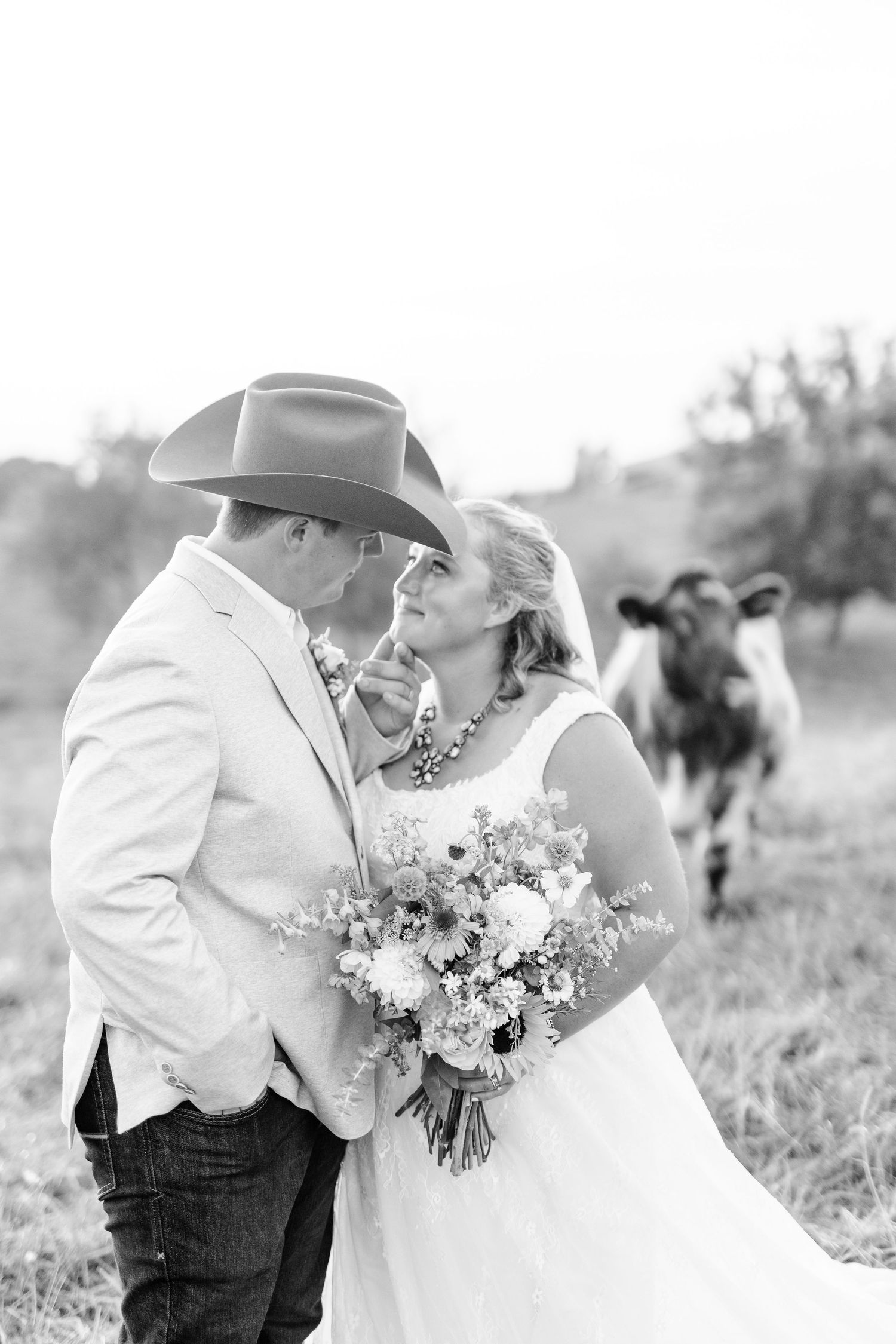 A black and white photo of a bride and groom in cowboy hat nearly kissing in a field with a cow behind them.