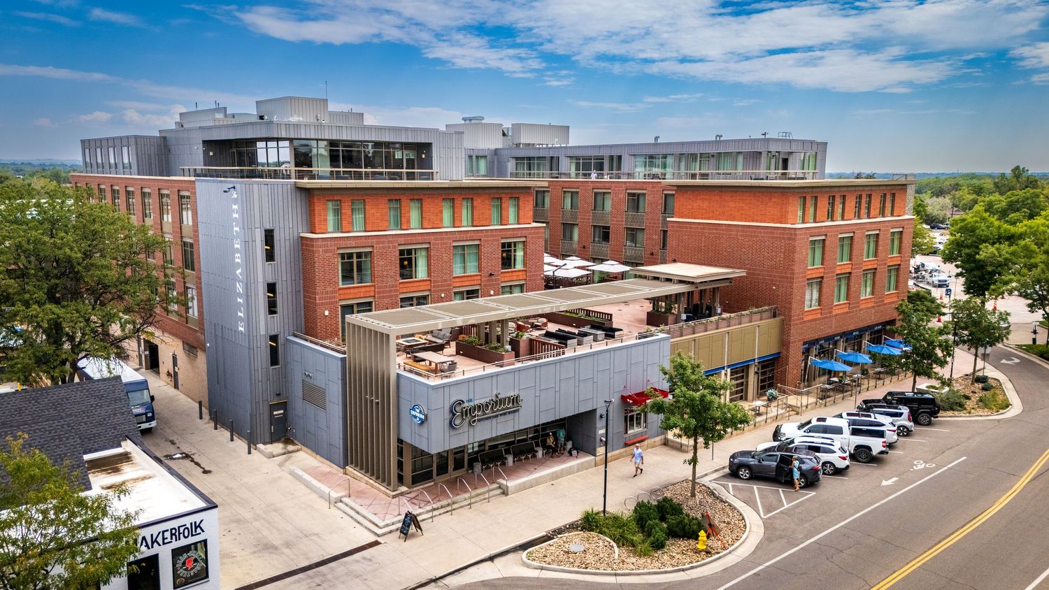 Aerial/drone photo of the Elizabeth Hotel in Ft Collins by Denver Hospitality, Travel & Tourism photographer Captain Colorado Photography.