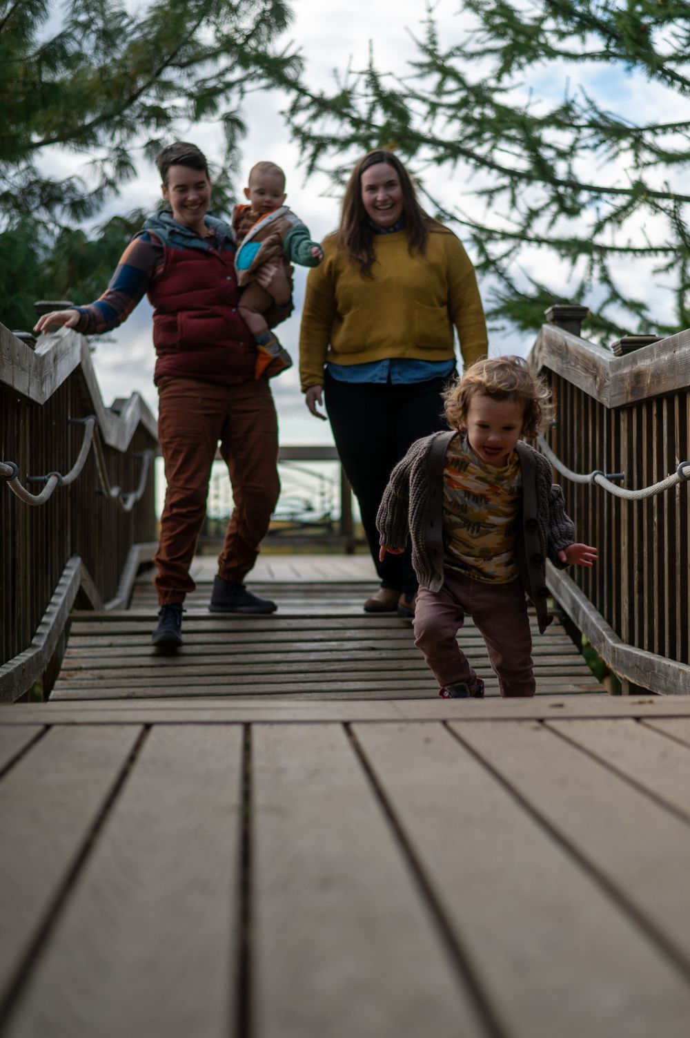 Family walking together on a wooden bridge pathway surrounded by evergreen trees.