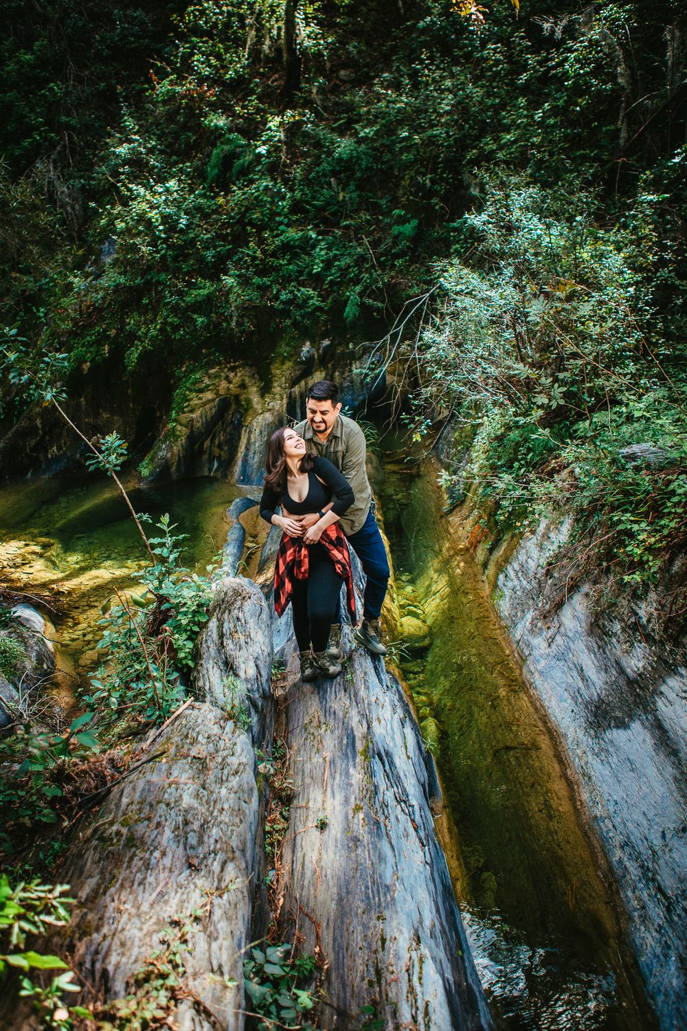 Two people sit together on a fallen log over a mossy ravine surrounded by lush green forest vegetation.