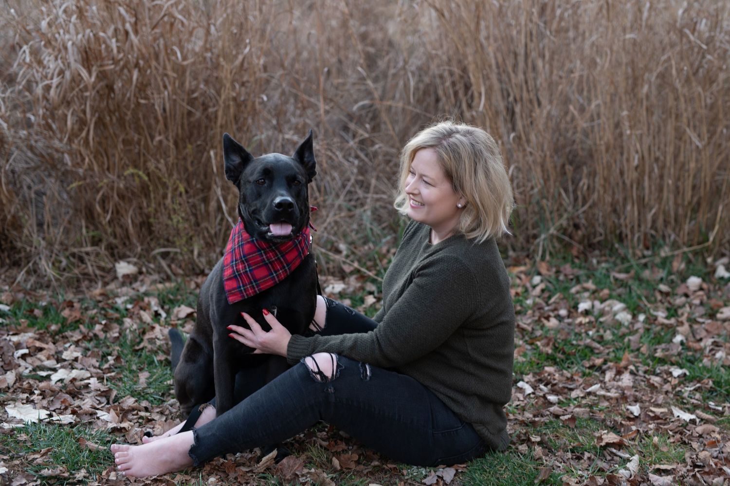 Pet photography session with black dog in natural outdoor setting.