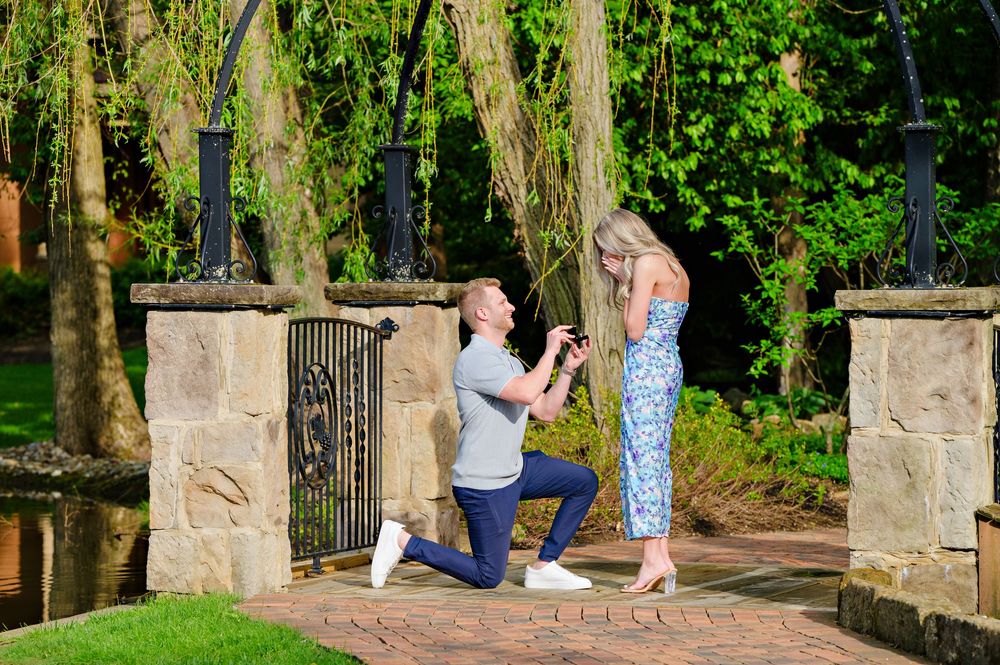 A proposal scene on the bridge at Gervasi Vineyard in the spring in Canton Ohio