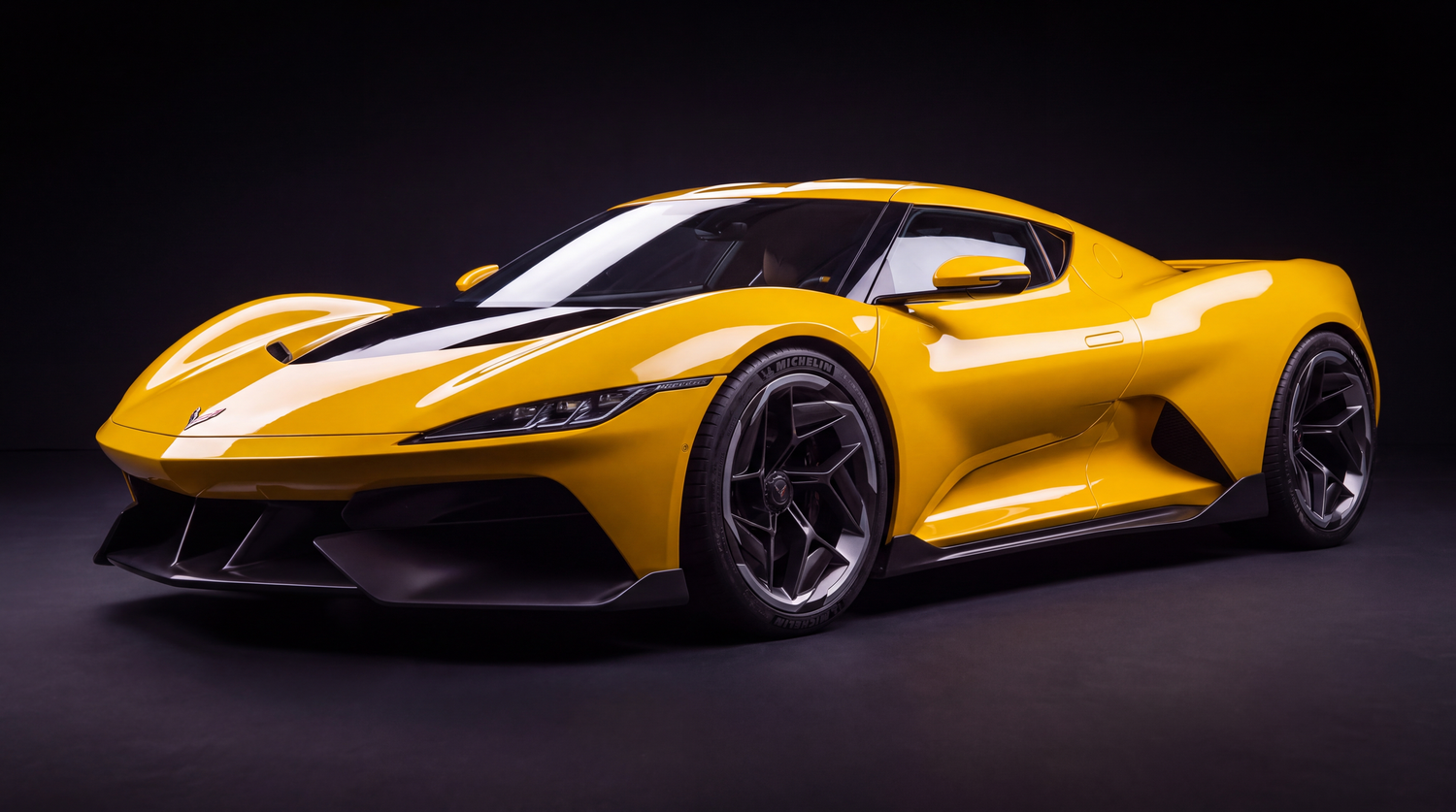 Sleek yellow supercar with white racing stripes and black alloy wheels on dark studio background.