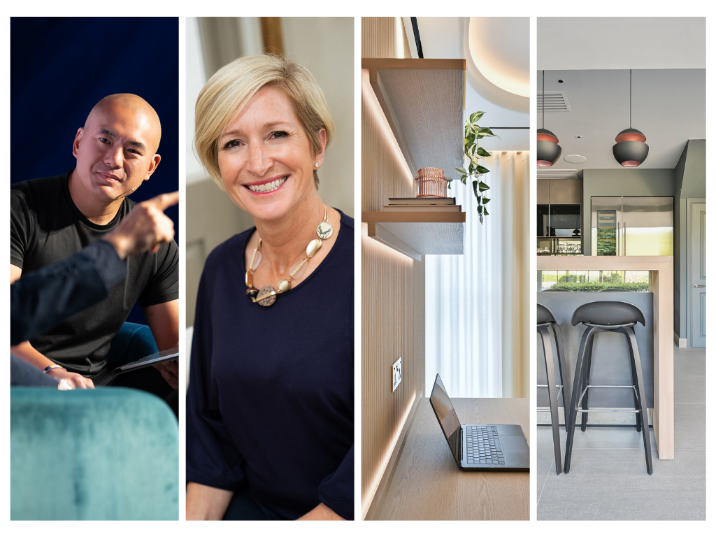 Collage of two professionals and a modern kitchen interior with bar stools and pendant lights.