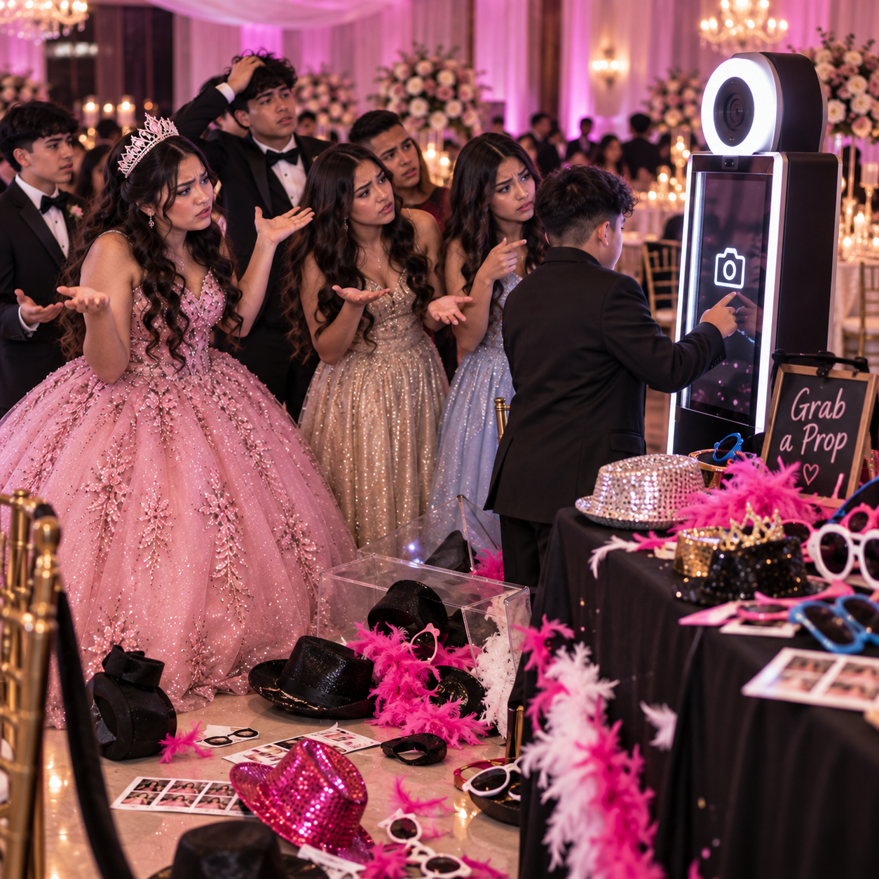 Professional quince photo booth rental in Dallas Fort Worth with experienced attendants, Mirror Photobooth, prints and local DFW service.