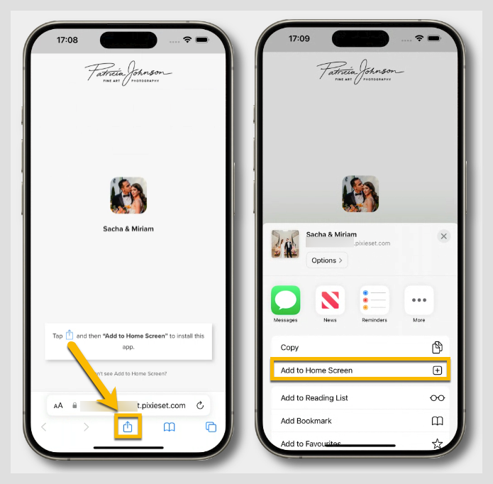 Step-by-step iPhone Safari tutorial showing how to add a website to Home Screen using the share menu.