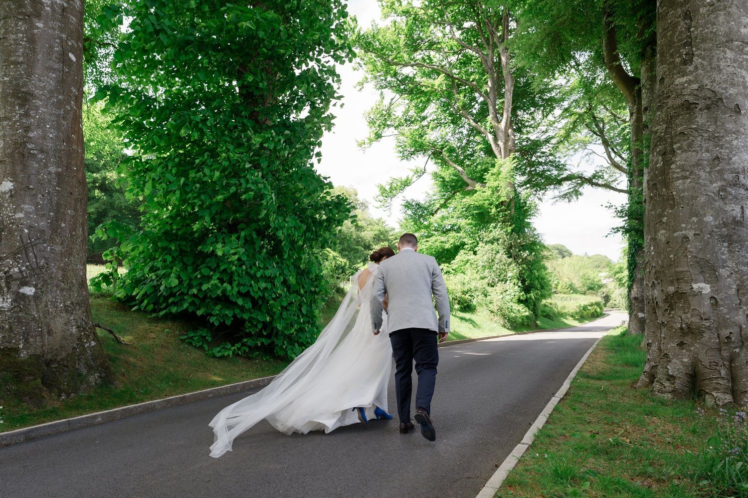 Bride and groom walking along the tree-lined drive at Killeavy Castle.