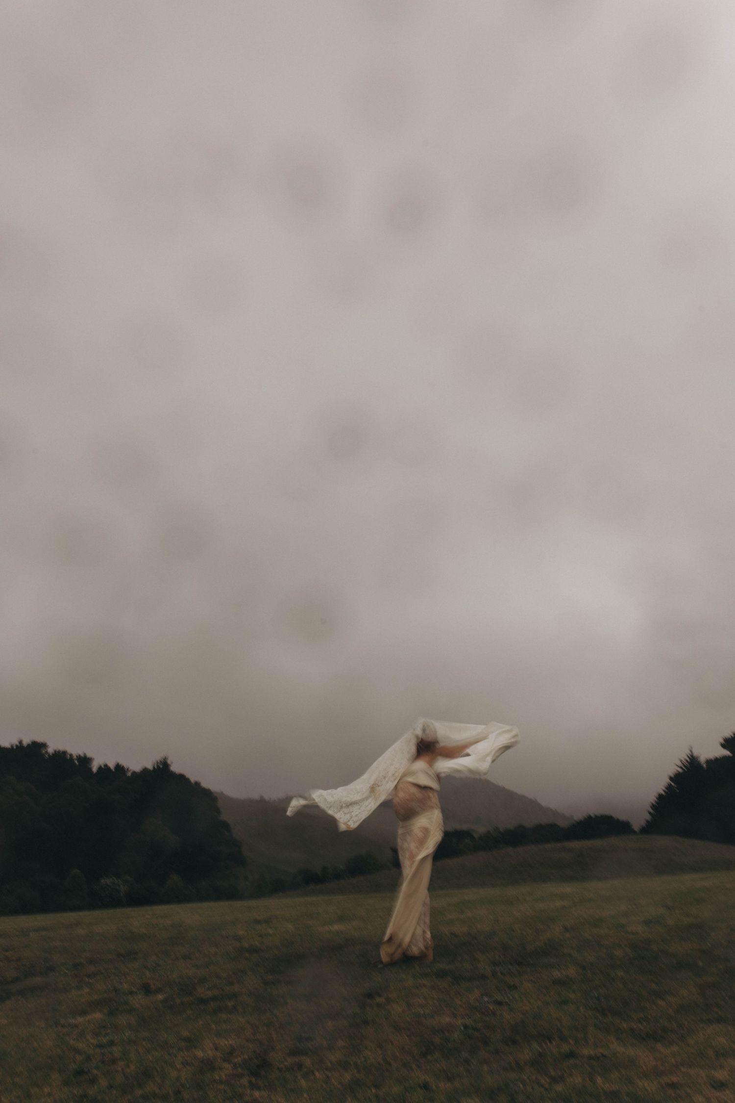 A pregant woman in a flowing white gown stands in a misty field, her veil billowing in the wind against a moody sky.