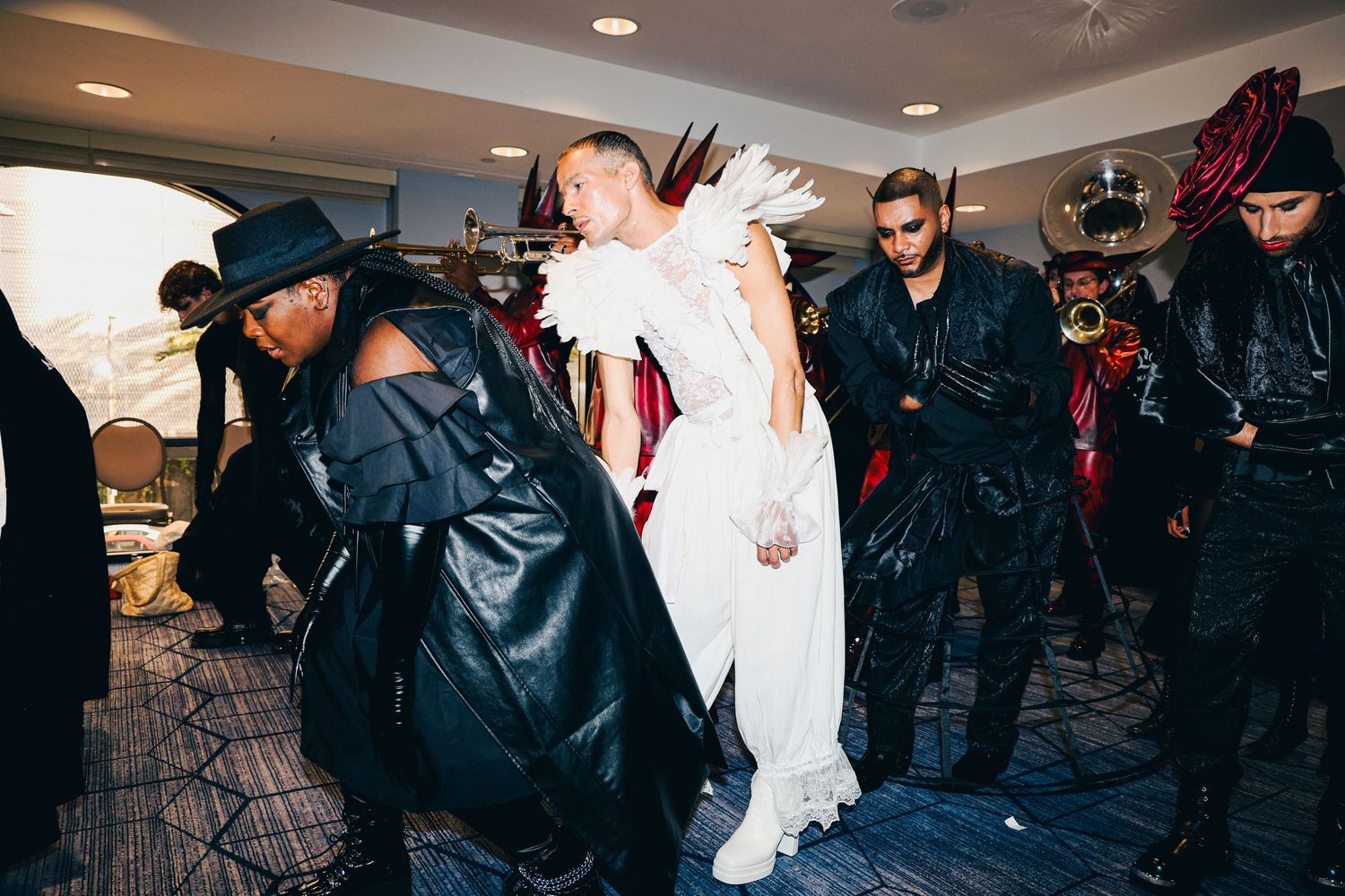 Behind the scenes of Lady Gaga's stunt for the premiere of Mayhem Requiem at The Grove in Los Angeles, CA. Dancers rehearsing.