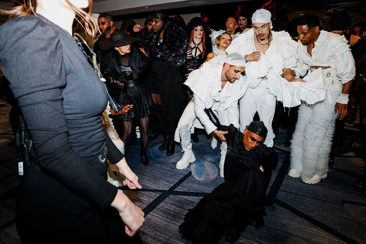 Behind the scenes of Lady Gaga's stunt for the premiere of Mayhem Requiem at The Grove in Los Angeles, CA. Dancers rehearsing.