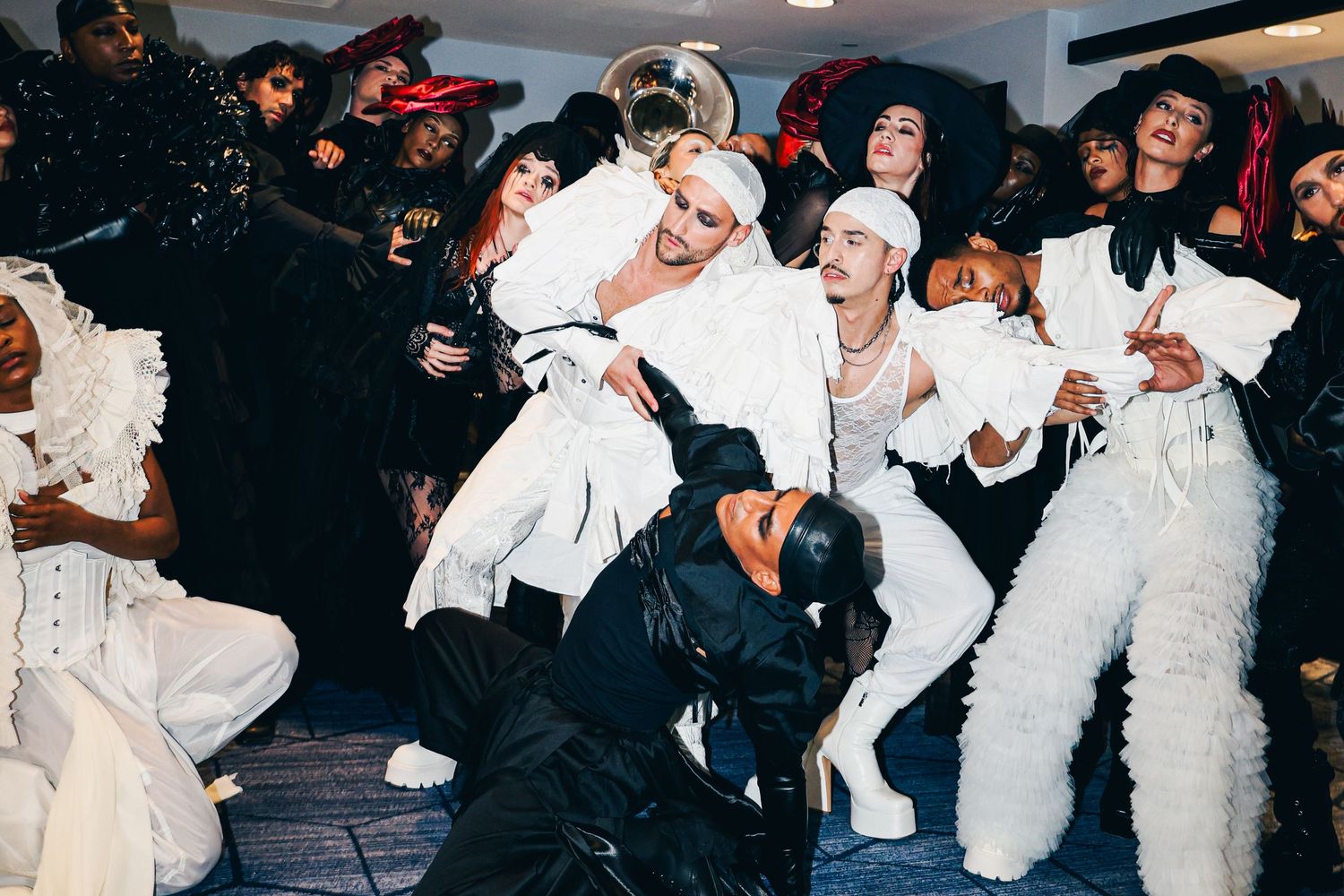 Behind the scenes of Lady Gaga's stunt for the premiere of Mayhem Requiem at The Grove in Los Angeles, CA. Dancers rehearsing.