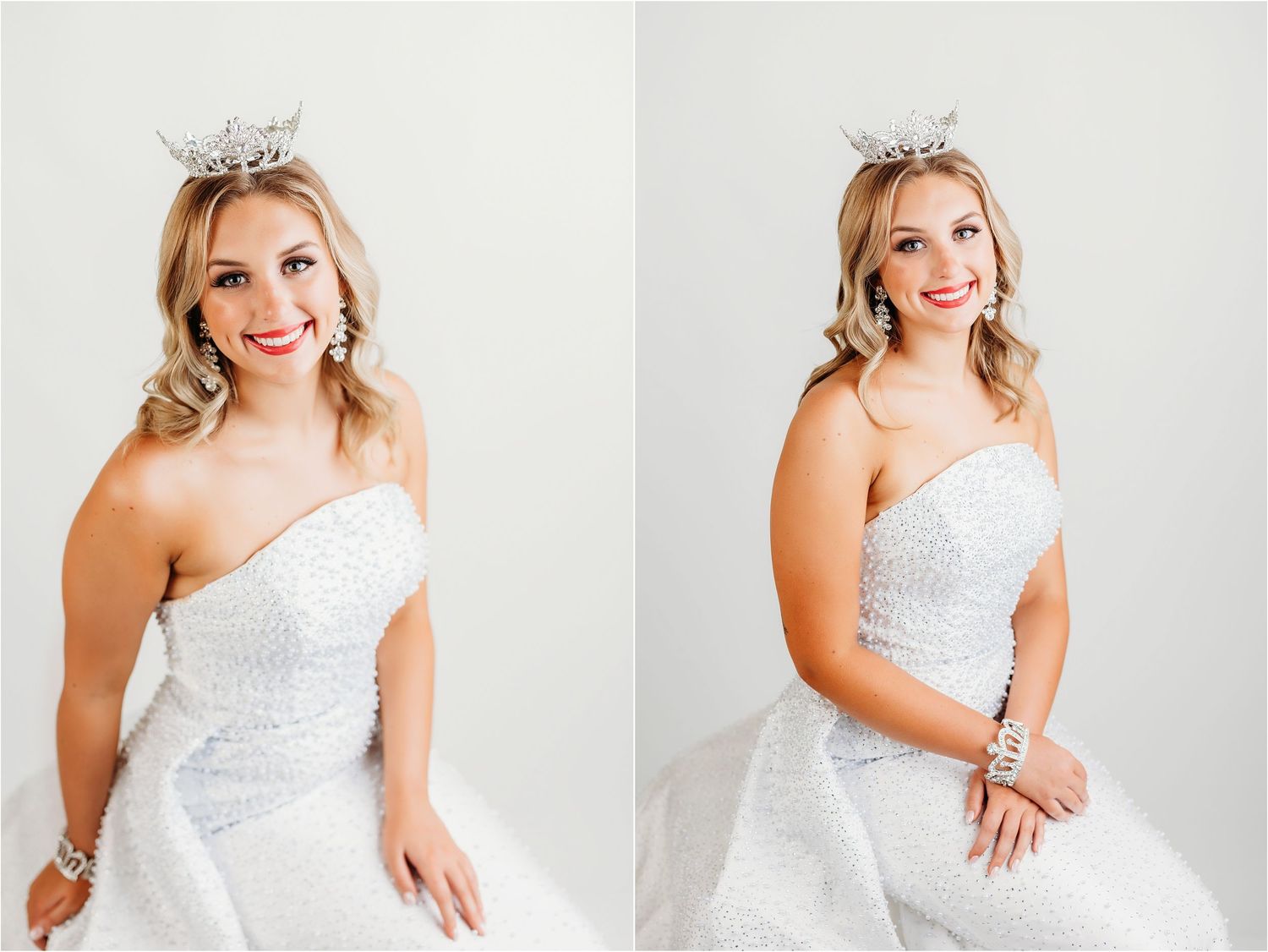 Young woman in white strapless beaded gown and crystal tiara poses elegantly for a beauty pageant portrait.