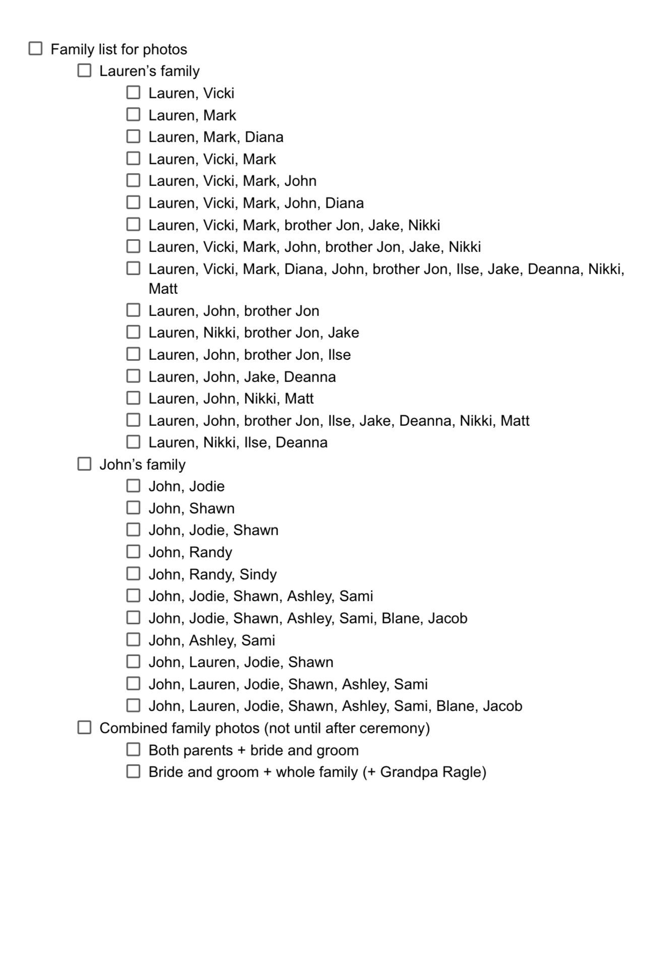 A detailed family photo checklist for a wedding, listing combinations for Lauren's family, John's family, and combined shots.