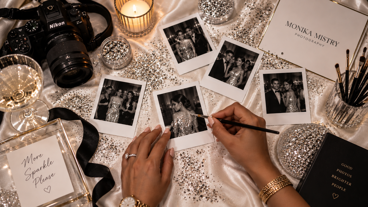 Hands writing on Polaroid wedding photos surrounded by a Nikon camera, candles, and Monica Mistry branded stationery.