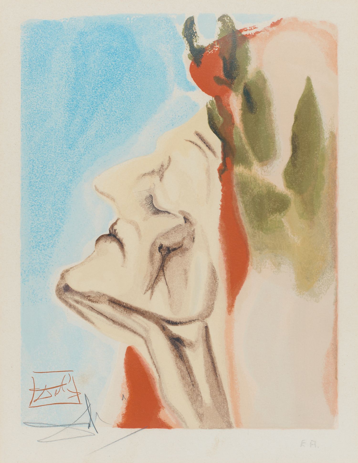 Salvador Dali surrealist lithograph print featuring a profile face with horns amid colorful abstract shapes.
