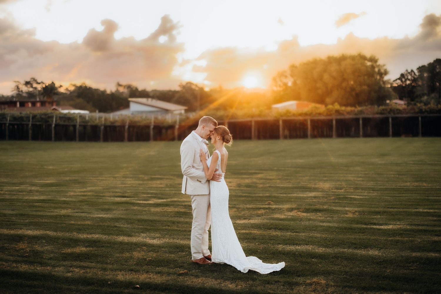 A couple embraces in a sunny park during golden hour as sunlight creates a warm glow around them.