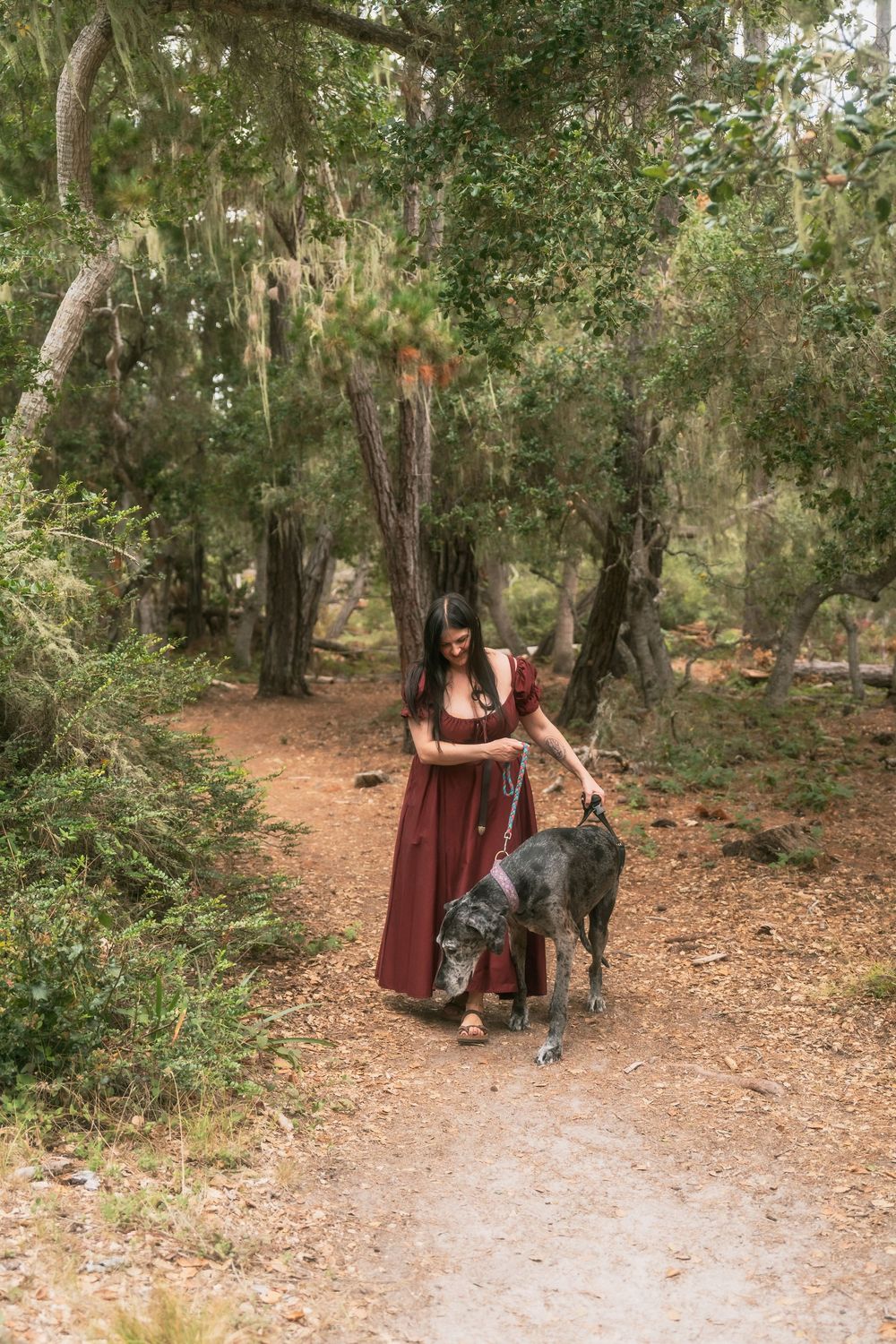 Woman in burgundy dress walking a Great Dane on a forest path surrounded by moss-covered trees.