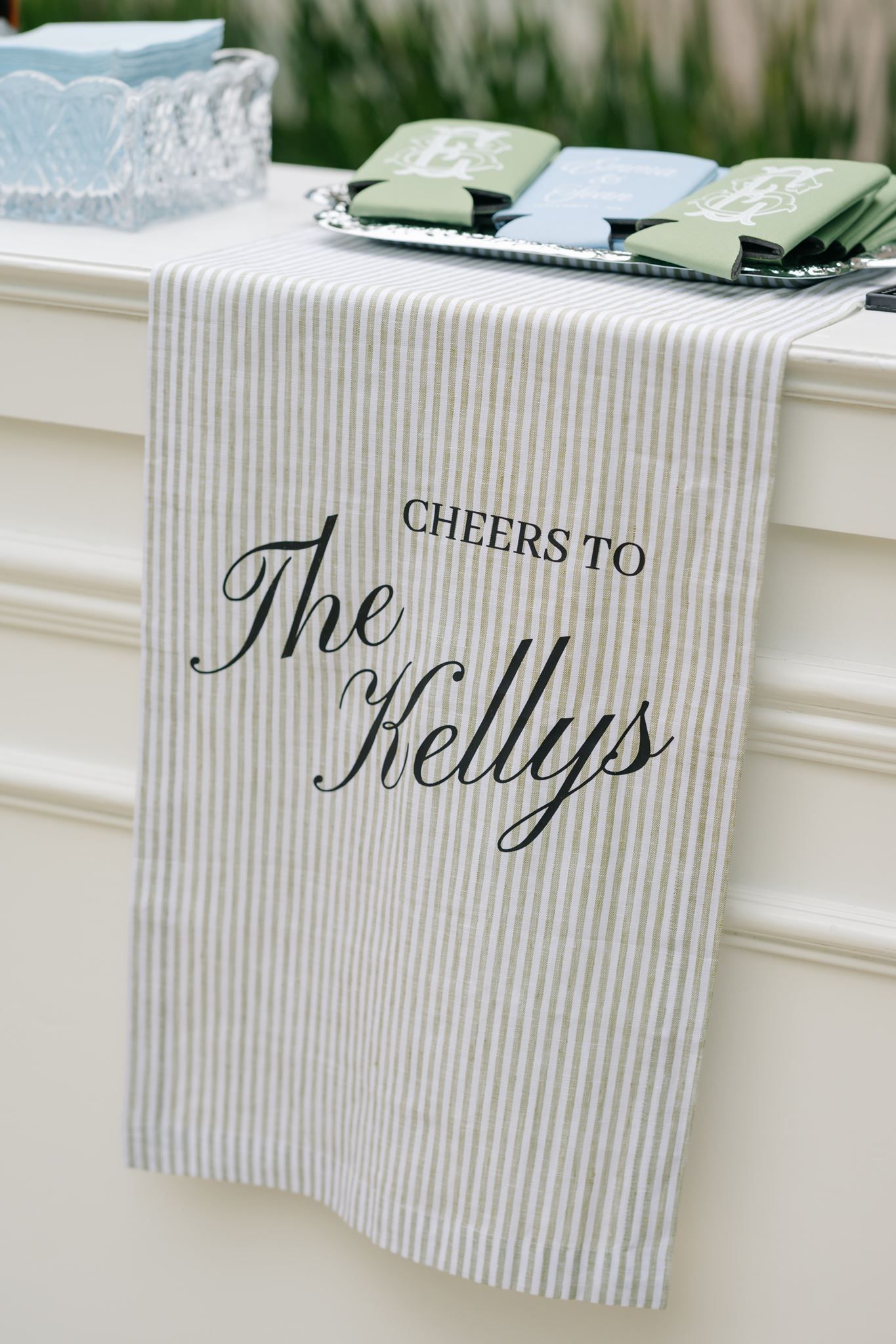 Close up of beverage bar at wedding.