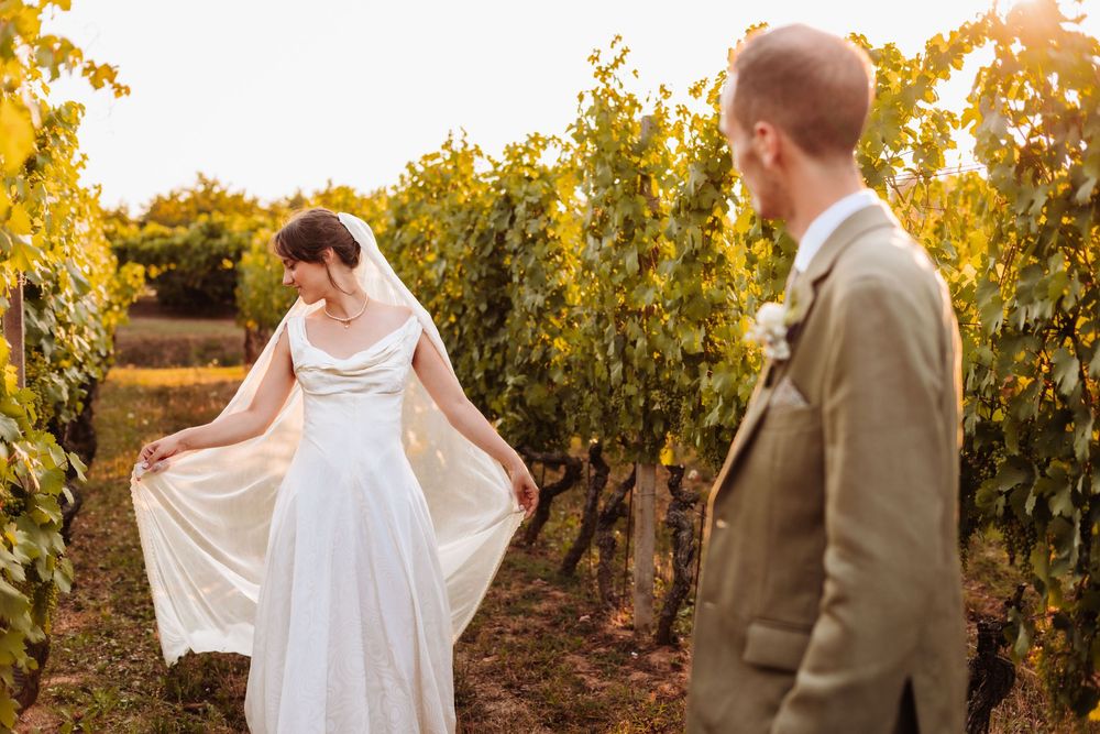 Bride in white gown holding veil beside groom in tan suit among golden vineyard rows at sunset.