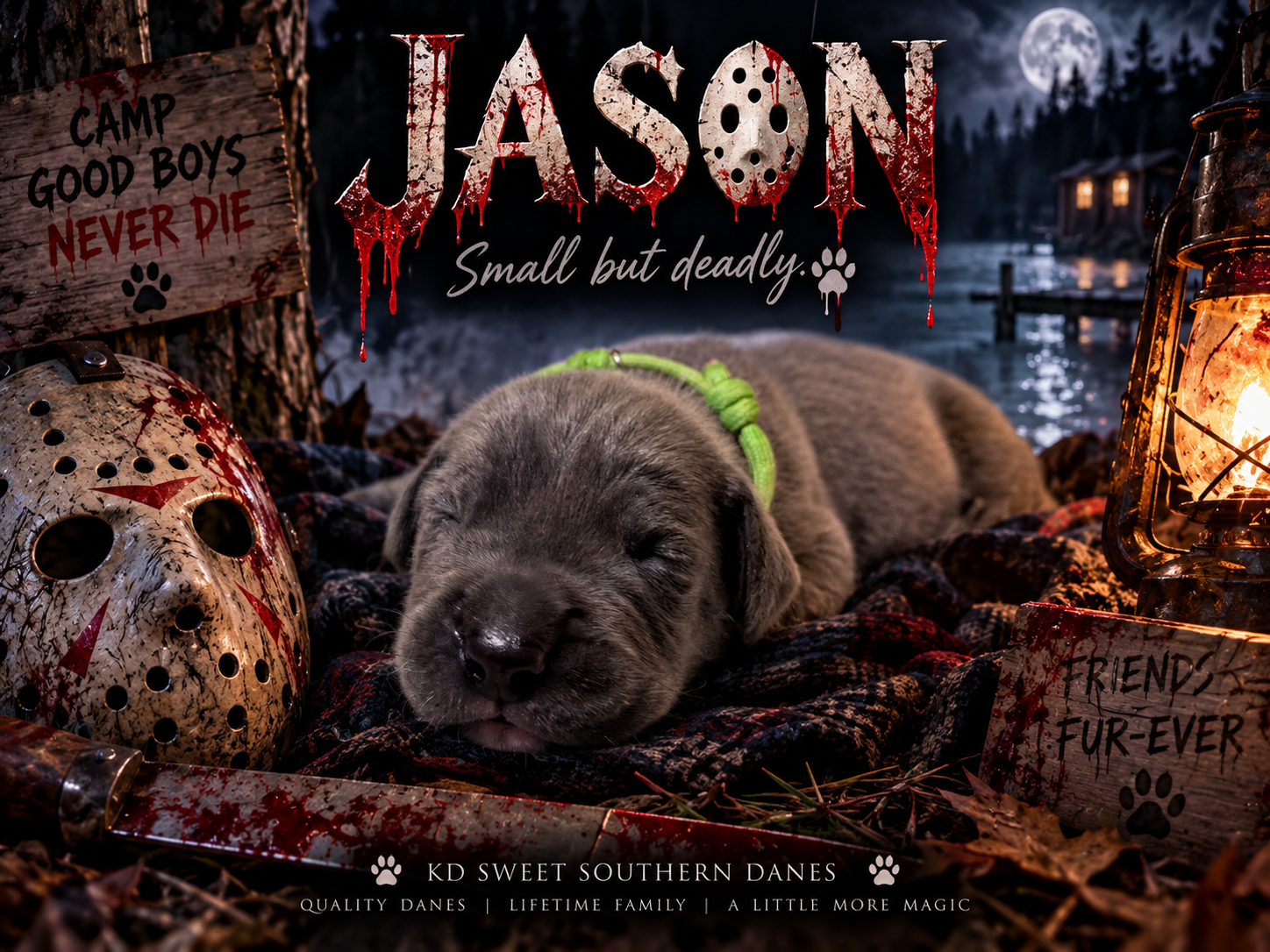 A sleeping gray Great Dane puppy posed in a Halloween-themed Jason Voorhees horror movie promotional photo for KD Sweet Southern Danes.