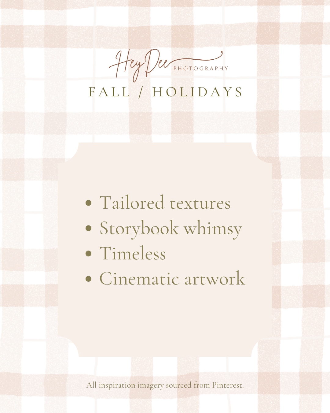 HeyDee Photography Fall/Holidays promotional card featuring tailored textures, storybook whimsy, timeless, and cinematic artwork.