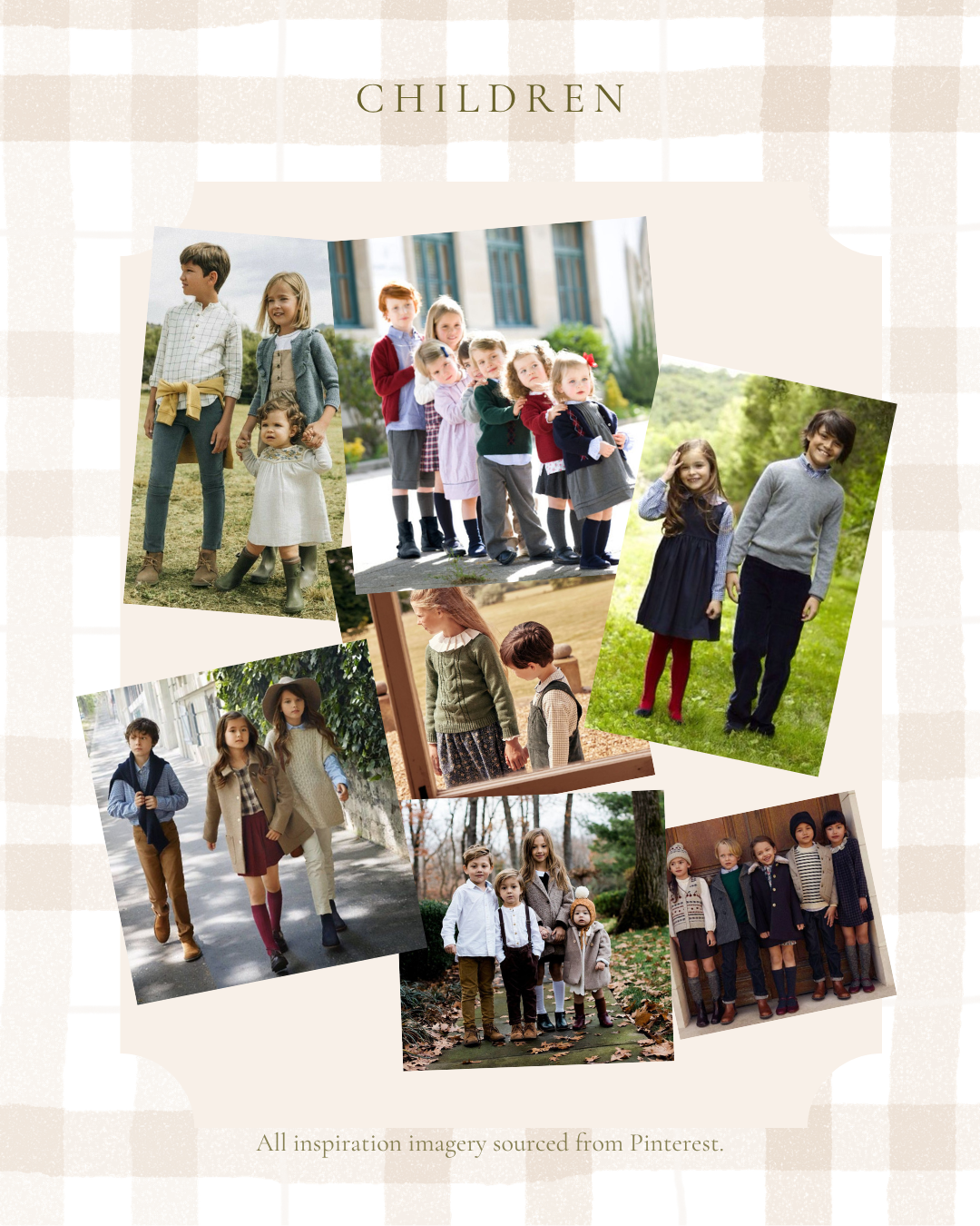 A collage of children in stylish fall outfits, featuring classic preppy clothing in neutral and rich tones.