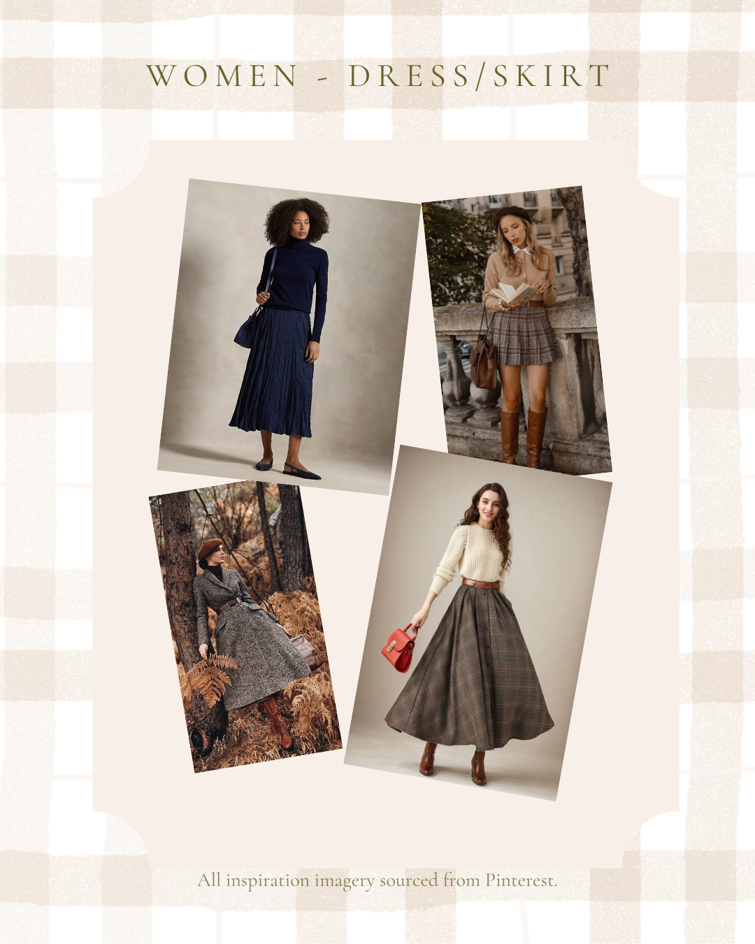 A collage of four women wearing elegant fall dresses and skirts in plaid and navy styles, paired with boots and accessories.