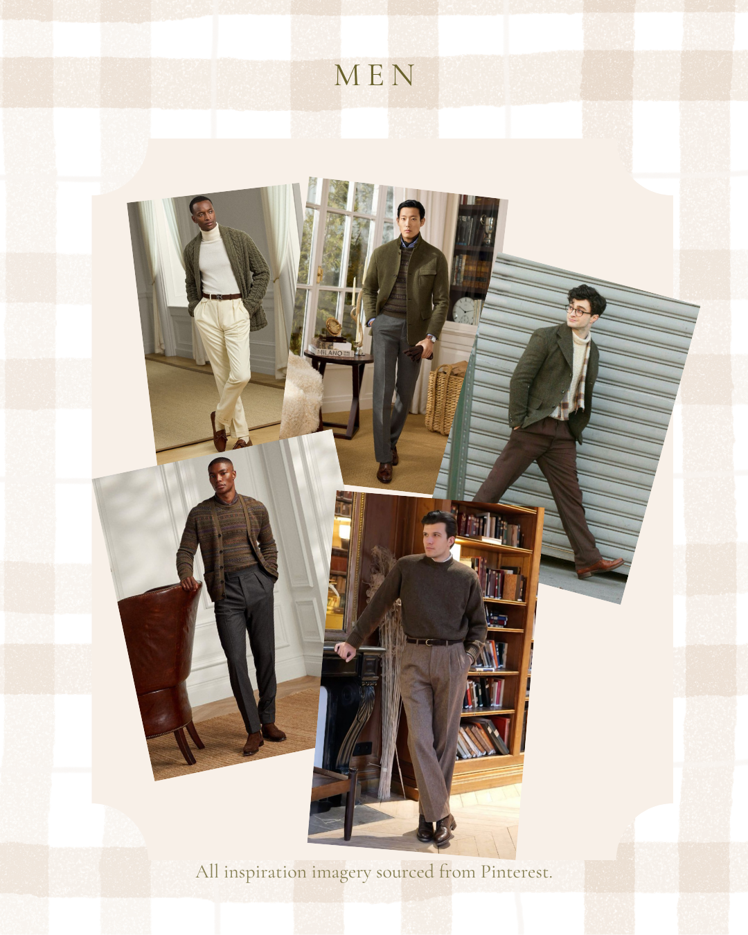 Men's fall fashion mood board featuring neutral tones, knit sweaters, tailored trousers, and smart casual layered outfits.