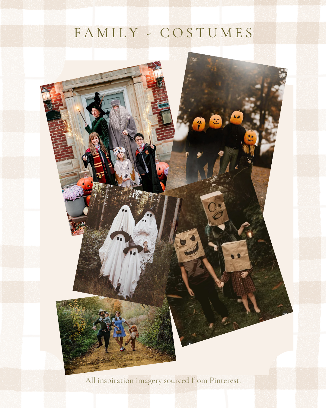 A collage of family Halloween costumes including ghosts, pumpkin heads, witches, and cardboard robots on a plaid background.