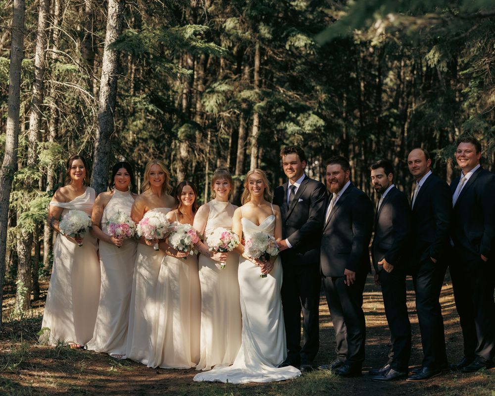 Wedding party group portrait in pine forest with bridesmaids in ivory gowns and groomsmen in suits.