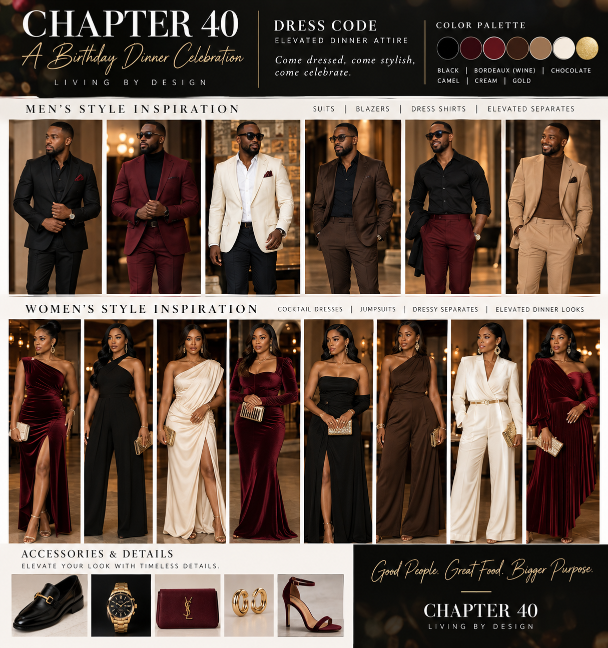 Elegant Chapter 40 birthday dinner celebration flyer featuring dress code guide with men and women in formal burgundy and black attire.