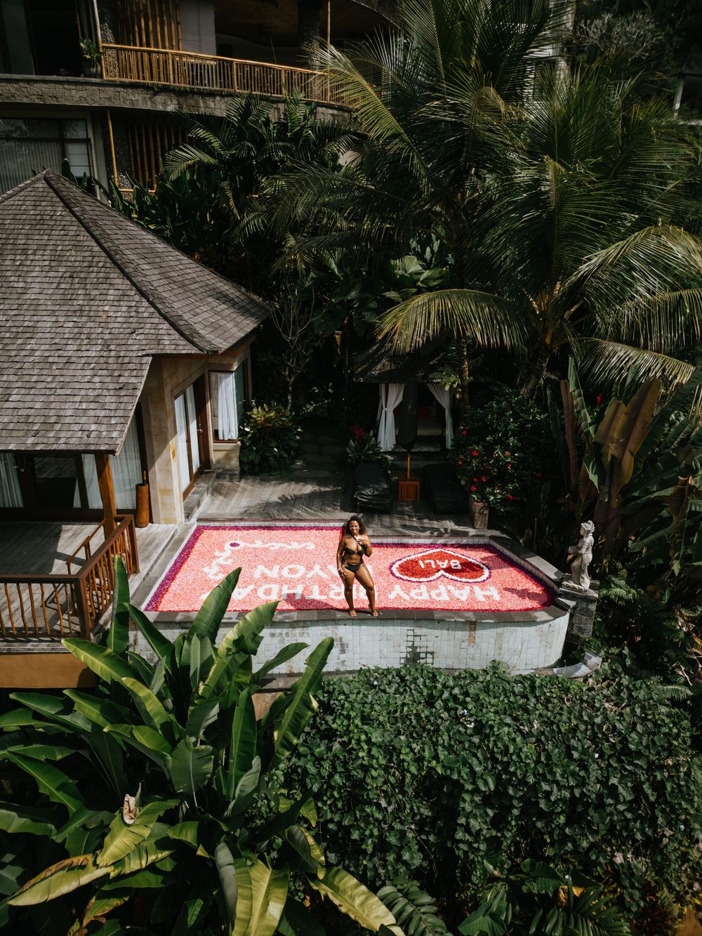 Drone photography capturing a birthday celebration at The Kayon Jungle Resort.