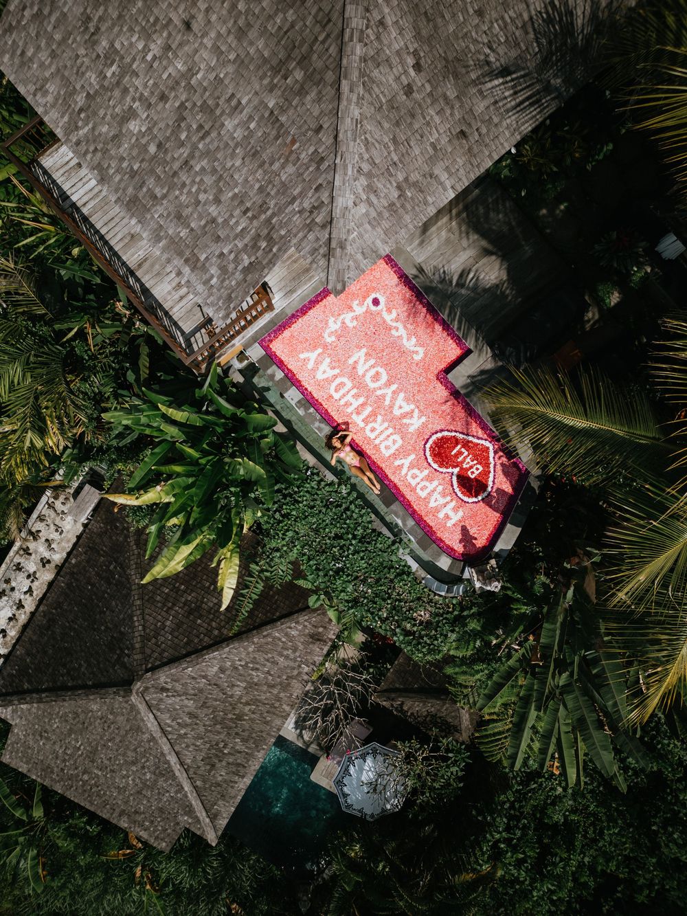 Drone photography capturing a birthday celebration at The Kayon Jungle Resort.
