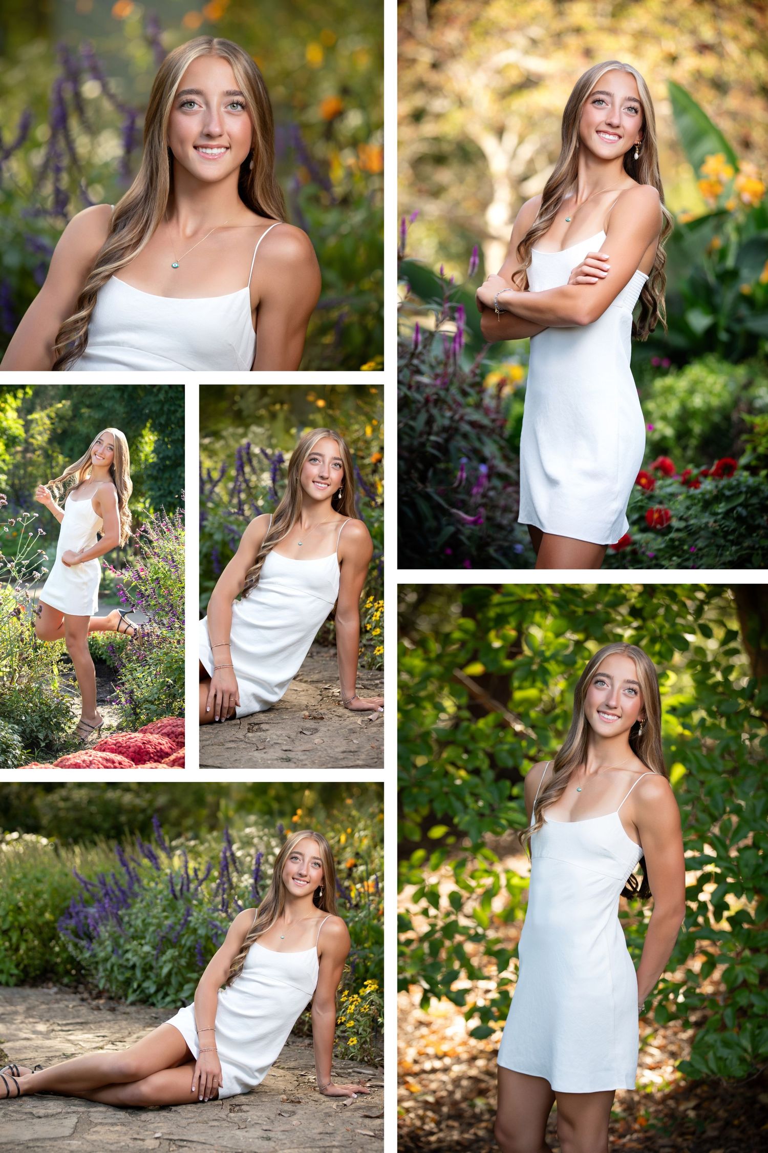 Olentangy Liberty senior pictures at Inniswood Gardens featuring a white dress, colorful flowers, and beautiful garden portraits.