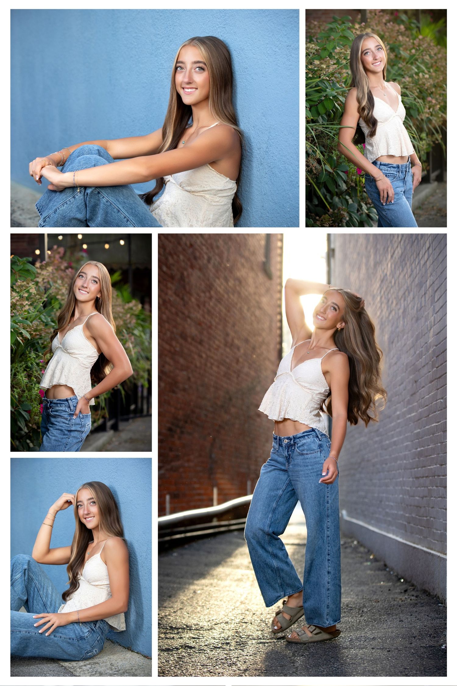 Olentangy Liberty senior portrait session in Uptown Westerville with blue walls, greenery, and modern city backdrops.