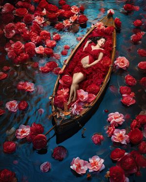 Dreamy maternity portrait of a woman sleeping on a boat floating up a river of red and white flowers.