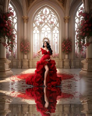 Radiant mum-to-be wearing an ornate gold crown and a flowing red couture gown, posed against a dramatic, dreamy digital castle backdrop.
