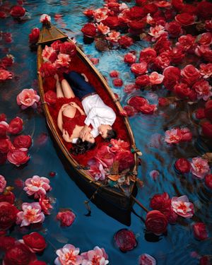 Expectant parents sharing a quiet moment, floating down a river of flowers, in a soft, light-filled digital backdrop.