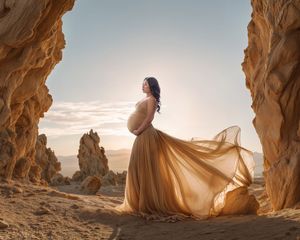 A striking portrait of a pregnant lady surrounded by a stunning rocky sunset scene with her beige chiffon dress blowing in the wind.