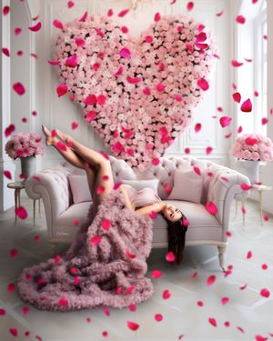 Motherhood portrait session: mum in a pink gown, laying back on a luxurious pink velvet sofa chair, delicate and feminine studio shot.
