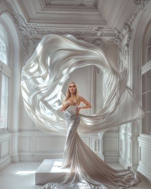 Editorial maternity photography: mum in a white sculptural gown, high fashion style.