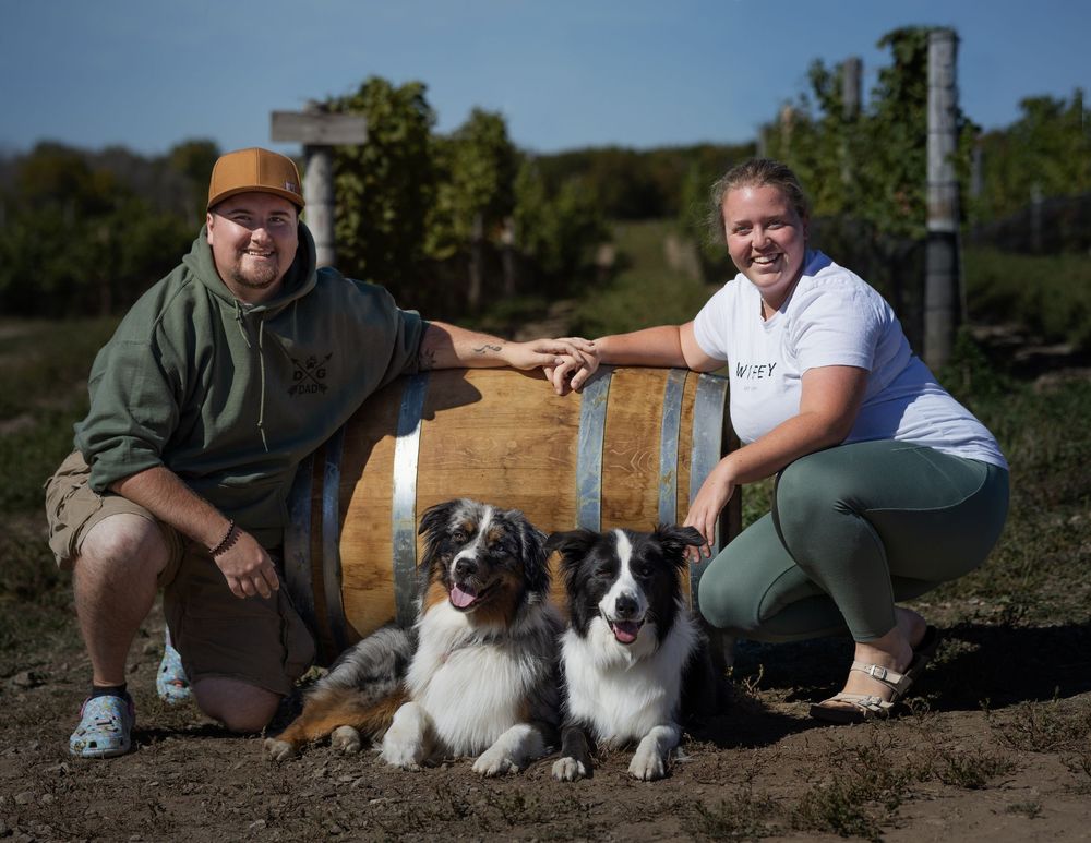 Couple posing with two Australian Shepherd dogs by a wine barrel in vineyard.